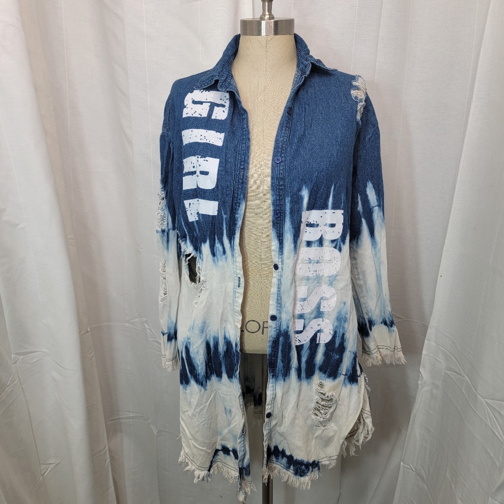 Girl Boss heavily distressed long sleeve tunic top/mini dress oversized.